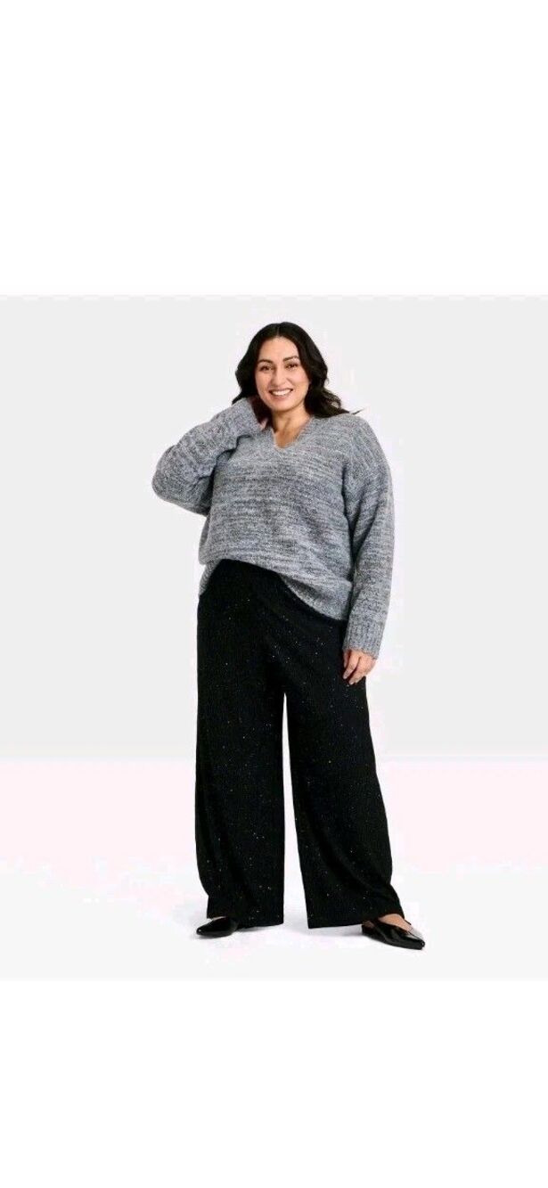 Ava & Viv Womens 3x High-Rise Sparkle Wide Leg Pull-On Pants Stretch Pockets